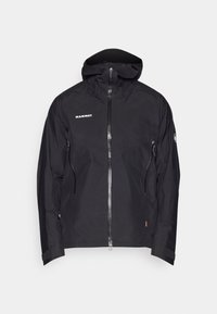 Veste extérieure noire avec fermeture éclair à l'avant, capuche ajustable et deux poches latérales zippées. Fabriquée en matériau imperméable avec un design minimaliste.