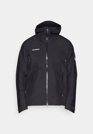 Schwarze Outdoor-Jacke mit durchgehendem Reißverschluss, verstellbarem Kapuzenkragen und zwei seitlichen Reißverschlusstaschen. Hergestellt aus wasserdichtem Material mit minimalistischem Design.