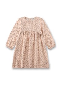 Florales Kleid aus hellpfirsichfarbenem Stoff, mit langen Ärmeln, rundem Ausschnitt, gerafftem Oberteil und kleinen Blumenmustern in Orange und Pink.