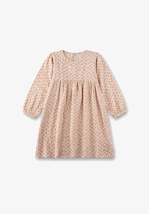 Florales Kleid aus hellpfirsichfarbenem Stoff, mit langen Ärmeln, rundem Ausschnitt, gerafftem Oberteil und kleinen Blumenmustern in Orange und Pink.