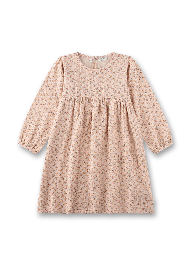 Florales Kleid aus hellpfirsichfarbenem Stoff, mit langen Ärmeln, rundem Ausschnitt, gerafftem Oberteil und kleinen Blumenmustern in Orange und Pink.