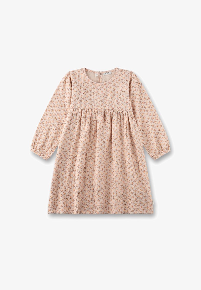 Floral dress in light peach fabric, featuring long sleeves, a round neckline, gathered bodice, and small flower patterns in orange and pink.