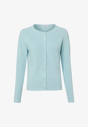 Lichtblauwe gebreide cardigan met lange mouwen, ronde hals en zeven knopen aan de voorkant, afgebeeld op een effen witte achtergrond.