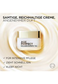 Vit burk med ett guldlock märkt "AGE PERFECT KOLLAGEN EXPERTE TAG," placerad på en krämig bakgrund. Texten framhäver egenskaper och fördelar med krämen.