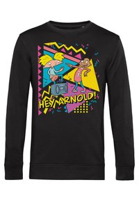 Sudadera negra con un gráfico colorido de dos personajes de dibujos animados con un boombox, patrones geométricos y el texto "¡HEY ARNOLD!" en amarillo negrita.