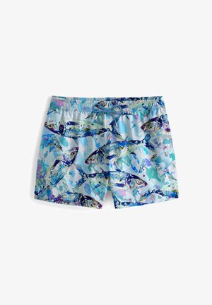 Shorts de bain bleu clair avec un motif de poissons colorés. Fabriqués en tissu lisse, ils sont dotés d'une taille élastique et d'un cordon de serrage pour un ajustement parfait.