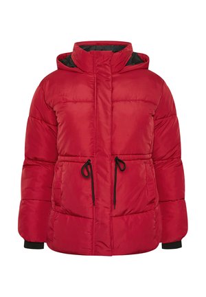 Red puffer jacket with a hood, featuring a front zipper, elastic cuffs, two pockets, and drawstring details at the waist. Smooth, insulated material.