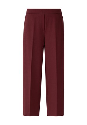 Burgundy wide-leg trousers made of soft fabric, featuring a smooth waistband and a minimalist design without visible fastenings or pockets.