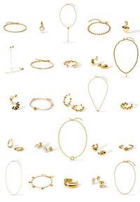 Kollektion von Goldschmuck mit Halsketten, Armbändern, Ohrringen und Ringen in verschiedenen Formen, Texturen und Akzenten, einschließlich Edelsteinen und Ketten.