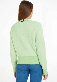 Hellgrüner, gerippter Pullover mit langen Ärmeln und taillierter Passform. Mit einem kontrastierenden, gestreiften Ausschnitt. Kombiniert mit blauen Jeans.