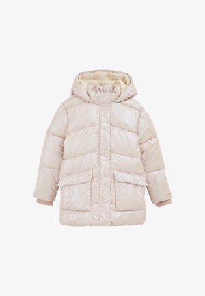 Světle růžová zateplená bunda s kapucí, která má měkkou ovčí podšívku, dvě přední kapsy a žebrované manžety pro teplo a pohodlí.