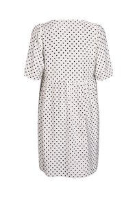 Lühikeste varrukatega põlvepikkune kleit valgest kangast mustade täppidega, millel on kogutud vöökoht ja ümmargune kaelus.