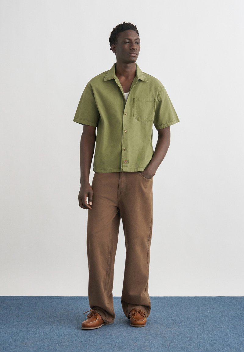 Hombre de pie con una mano en el bolsillo, vistiendo una camisa verde de manga corta con botones, pantalones marrones de pierna ancha y zapatos de cuero marrones, sobre un suelo azul.