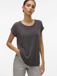 Mørkegrå kortærmet t-shirt med rund hals, afslappet pasform og blød tekstur. Stoffet falder løst over kroppen.
