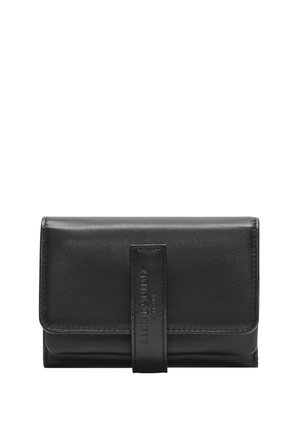 Portafoglio in pelle nera con texture liscia, forma rettangolare e chiusura a soffietto frontale con accento di marca. Design compatto adatto per l'uso quotidiano.