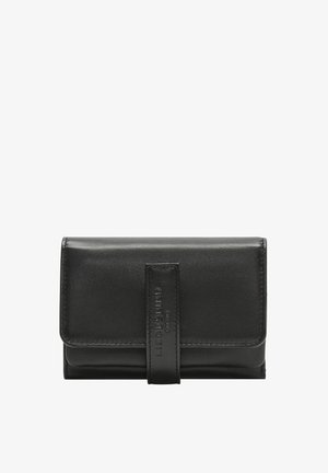 Black leather wallet with a smooth texture, rectangular shape, and a front flap closure featuring a branded accent. Compact design suitable for everyday use.