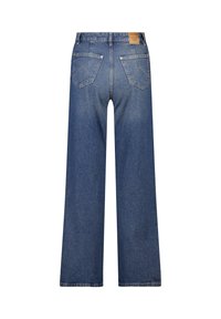 Dark blue wide-leg jeans made of denim. Features two back pockets with stitching detail and a label at the waistband.