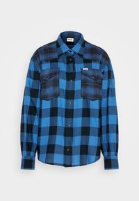 Blue and black checkered flannel shirt featuring a collared neck, long sleeves, two chest pockets, and button-front closure. Smooth texture.