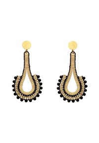 Kolczyki wiszące w złotym odcieniu z czarnymi koralikami, o kształcie kropli i wielowarstwowym wzorze. Gładkie wykończenie z okrągłym zapięciem na sztyft.
