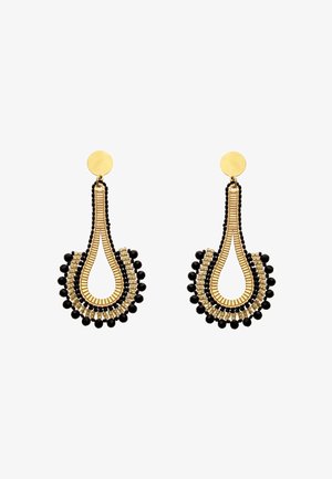 Pendientes colgantes dorados con cuentas negras, con forma de lágrima y diseño en capas. Acabado liso con cierre de botón redondo.