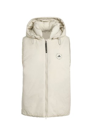 Hellbeige Steppweste mit Kapuze, Reißverschluss und Kordelzug-Details. Verfügt über ein Logo auf der Brust und einen glatten, strukturierten Stoff.