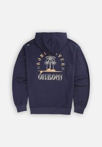 Hoodie bleu marine avec un graphique de palmier et le texte "Maldives" et "Oxbow" en crème et or. Tissu doux, poche kangourou à l'avant et capuche avec cordon de serrage.