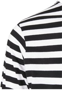 Zwart-witte gestreepte lange mouwen shirt met een zachte textuur, met gelijkmatige horizontale strepen van gelijke breedte.