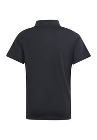 Polo shirt noir à manches courtes, col polo, et tissu lisse et texturé. Design simple sans motifs ni accents visibles.