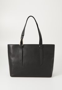 Black leather tote bag with textured surface, dual shoulder straps, and minimalistic design. Features gold hardware accents.