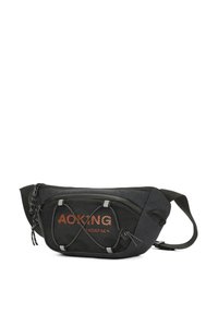 Zaino in tessuto nero con frontale in rete, dettagli in corda elastica e logo arancione. Presenta una tracolla regolabile e una forma curva per il massimo comfort.