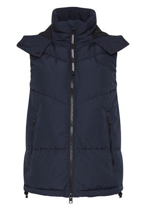 Mørkeblå ærmeløs puffervest med høj krave, frontlynlås, to sidelommer og logodetalje på lynlåsens træk. 