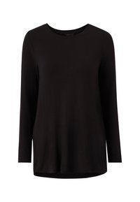 Zwarte langslavende crew neck shirt met een iets losse pasvorm en afgeronde zoom.