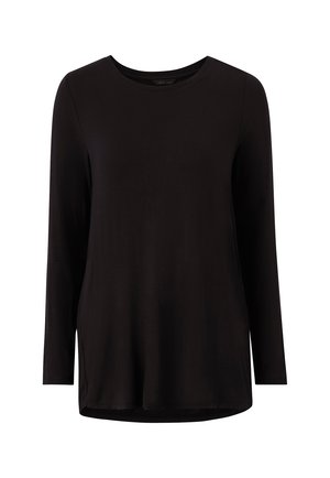 Zwarte langslavende crew neck shirt met een iets losse pasvorm en afgeronde zoom.