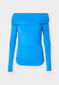 Top lungo blu fuori spalla con maniche lunghe realizzato in tessuto elasticizzato, caratterizzato da dettagli arricciati sui lati per un look aderente.