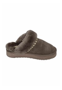 Brown suede slipper with a fluffy fur collar, stitched detailing, and a rubber sole. The design is open-back for easy wear.