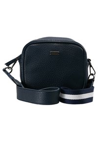 Námořnická kožená kabelka přes rameno, čtvercový tvar, strukturovaný povrch, nastavitelný popruh s námořnickými a bílými pruhy, stříbrné kování, zapínání na zip.