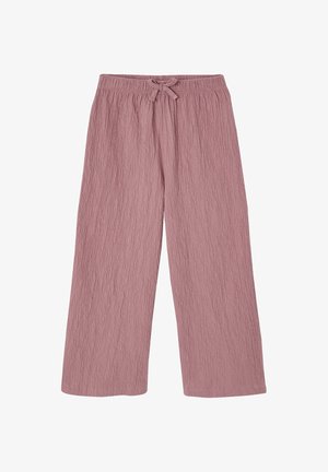 Loose fit mauve pants with a textured fabric, elastic waistband, and front drawstring tie.