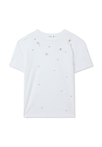 T-shirt bianco a maniche corte con applicazioni di fiori e paillettes sparse. Materiale in cotone morbido, vestibilità rilassata, scollo rotondo.