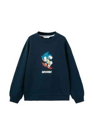 Navy blue crewneck sweatshirt featuring a graphic of Sonic the Hedgehog running above the word "SONIC" in block letters.