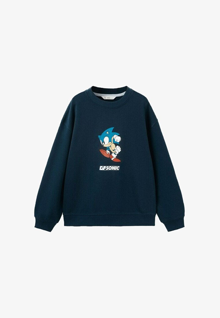 Felpa girocollo blu navy con una grafica di Sonic the Hedgehog che corre sopra la scritta "SONIC" in lettere maiuscole.