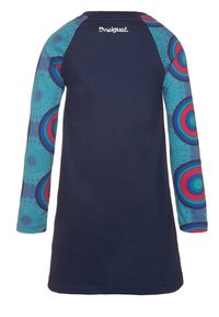 Granatowa sukienka z długim rękawem i turkusowymi rękawami, z kolorowymi okrągłymi wzorami i logo "Desigual" na górnej części pleców.