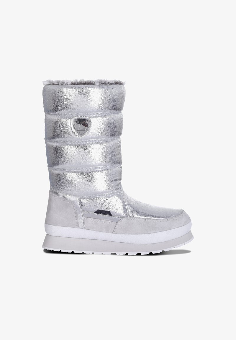 Sølvisolering støvler med en blank finish, quiltet overdel og faux pels foring. Har en hvid gummisål og logo detalje på siden.