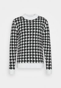 Suéter de patrón houndstooth en blanco y negro con cuello redondo acanalado y manga larga. Material de punto suave con acabado texturizado.