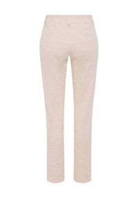 Pantalon beige coupe droite avec un motif à carreaux subtil, poches arrière et passants pour ceinture, présenté de dos sur fond blanc.