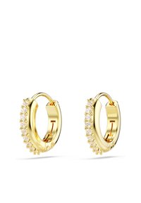 Gold hoop earrings featuring a row of clear, sparkling stones along one edge. Smooth circular shape with secure hinged closure.