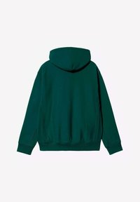 Sudadera verde con capucha ajustable, puños y dobladillo acanalados, y bolsillos laterales. Textura suave, diseño casual, sin marcas visibles.