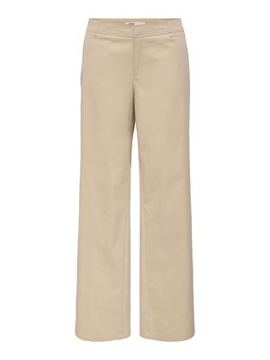 Bež hlače naravnost noge z zankami za pas, sprednjimi žepi in skritim sprednjim zapiranjem.