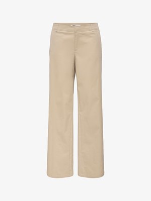 Bež hlače naravnost noge z zankami za pas, sprednjimi žepi in skritim sprednjim zapiranjem.