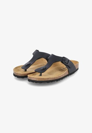 Zwarte tongsandalen met een kurken voetbed en een gestructureerde bruine binnenzool. Verstelbare band met een ronde zwarte gesp, lichte rubberen zool.
