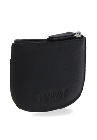 Sort læder møntpung med afrundede kanter, lynlås lukning og præget logo på overfladen, der har en glat tekstur.